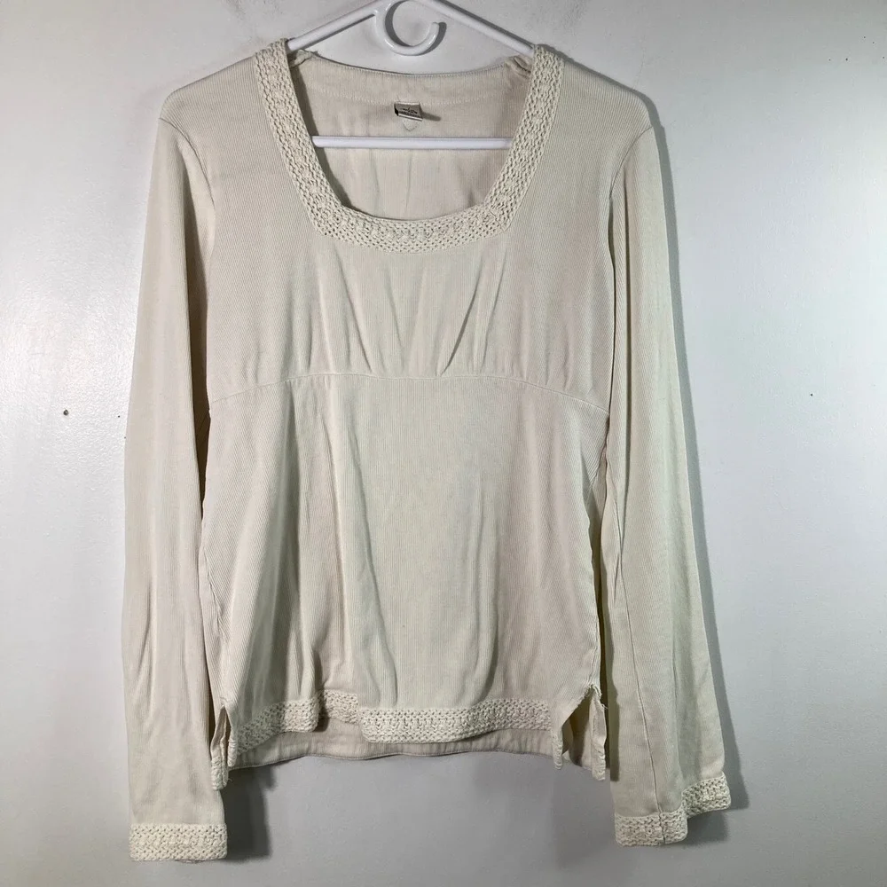 Vintage Prana Cream Ribbed Knit Square Neck Crocheted Trim‎ Top Women's L